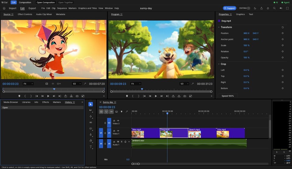 1B Cut: The edit: four shots and the music on the timeline, with the source and program monitors.