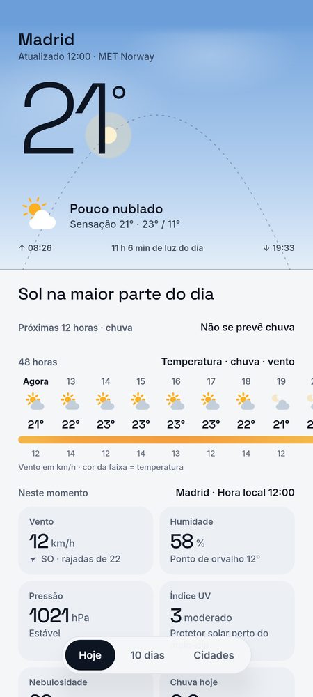 1B Weather: Hoje: o céu neste momento e o dia numa frase