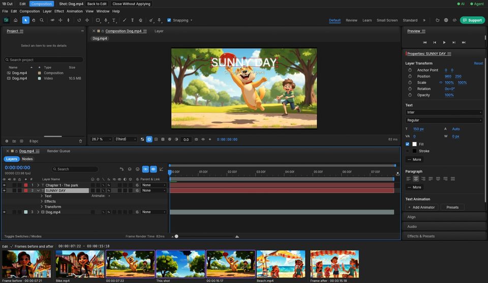 1B Cut: Double-click on a shot: its composition opens, with the frames before and after it from the edit below.