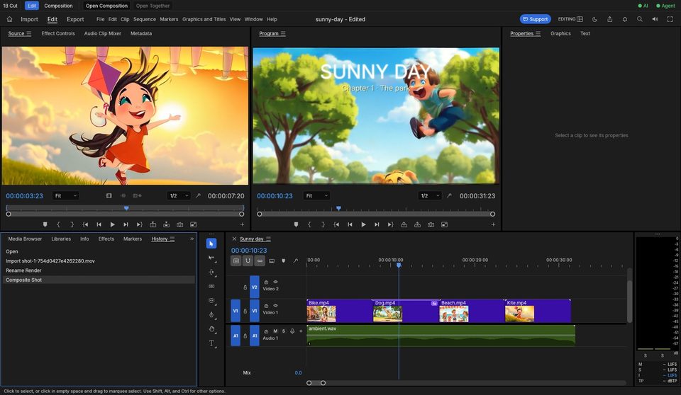 1B Cut: Back on the timeline, the shot already plays its composition, marked “fx”.
