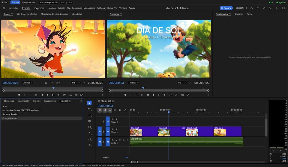 1B Cut: De vuelta en la línea de tiempo, el plano ya reproduce su composición, marcado con «fx».
