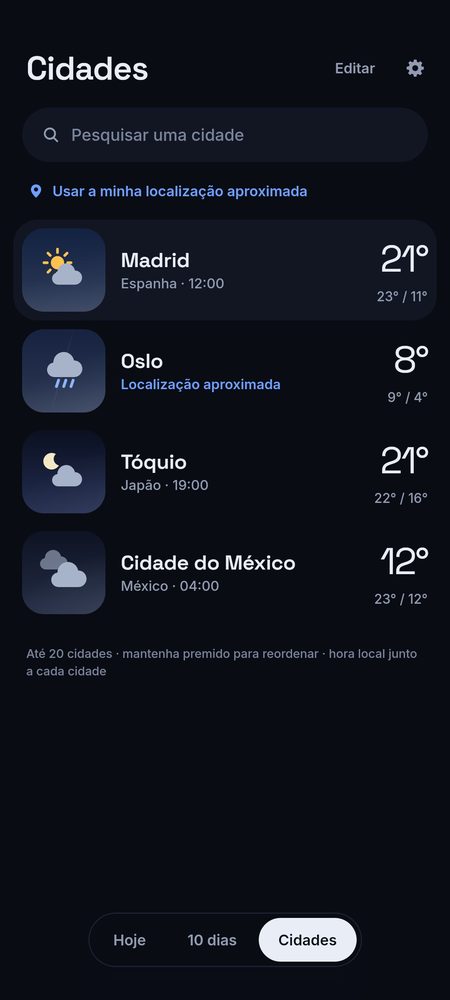 1B Weather: Até 20 cidades, com a hora local