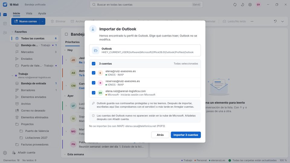 1B Mail: Importando cuentas del Outlook clásico en Windows