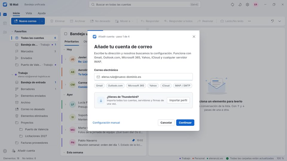 1B Mail: Añadir una cuenta: basta con escribir la dirección