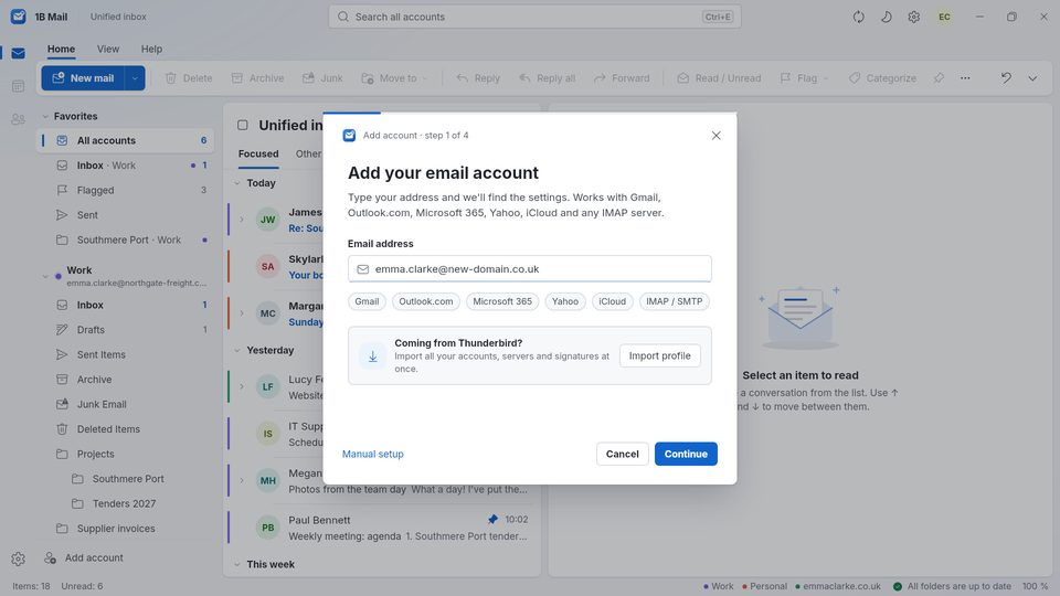 1B Mail: Adding an account: just type the address