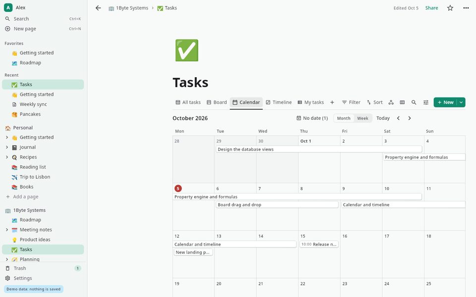 1B Note: Tasks in a calendar view