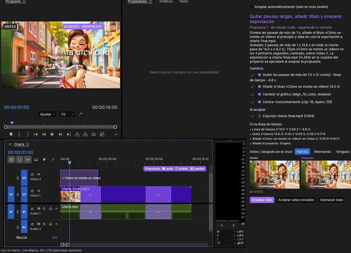 The real screen from that test, with the interface in Spanish: the proposal marked in violet on the timeline, before and after in the viewer, and the agent's changes listed one by one.