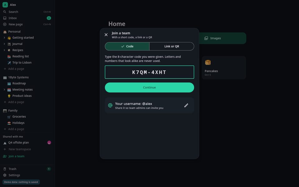 1B Note: Joining a team with a short code