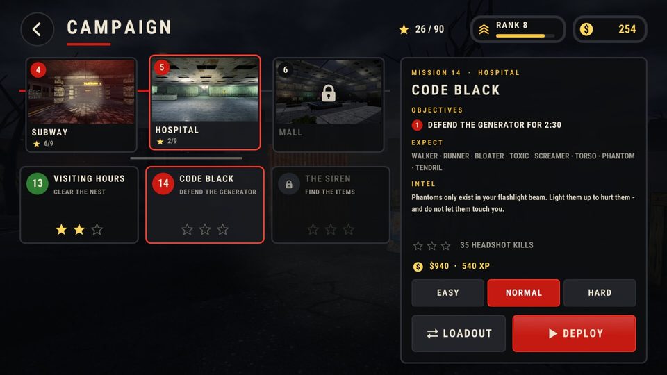 1B Zombie Hunter: Campaign: missions across ten maps
