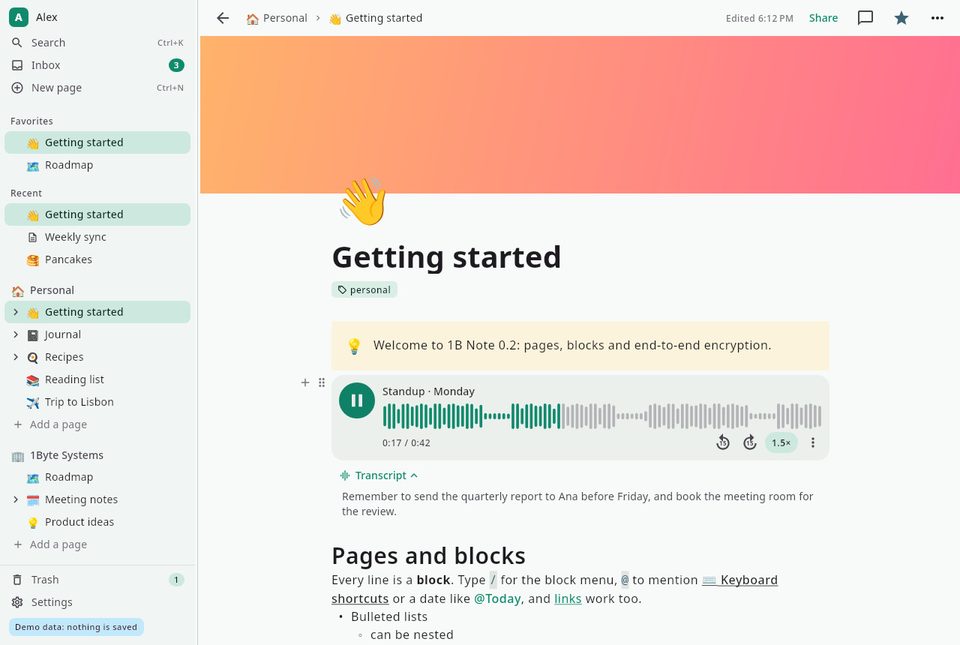 1B Note: A voice note with its transcript